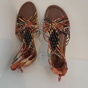 Angelina Multicolor Braided Beaded Sandals in Brown, Orange, Turquoise